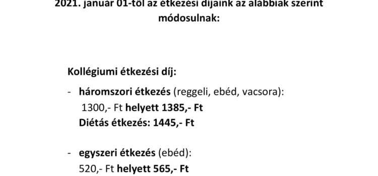 Étkezési díj áremelés 2021.01.01.